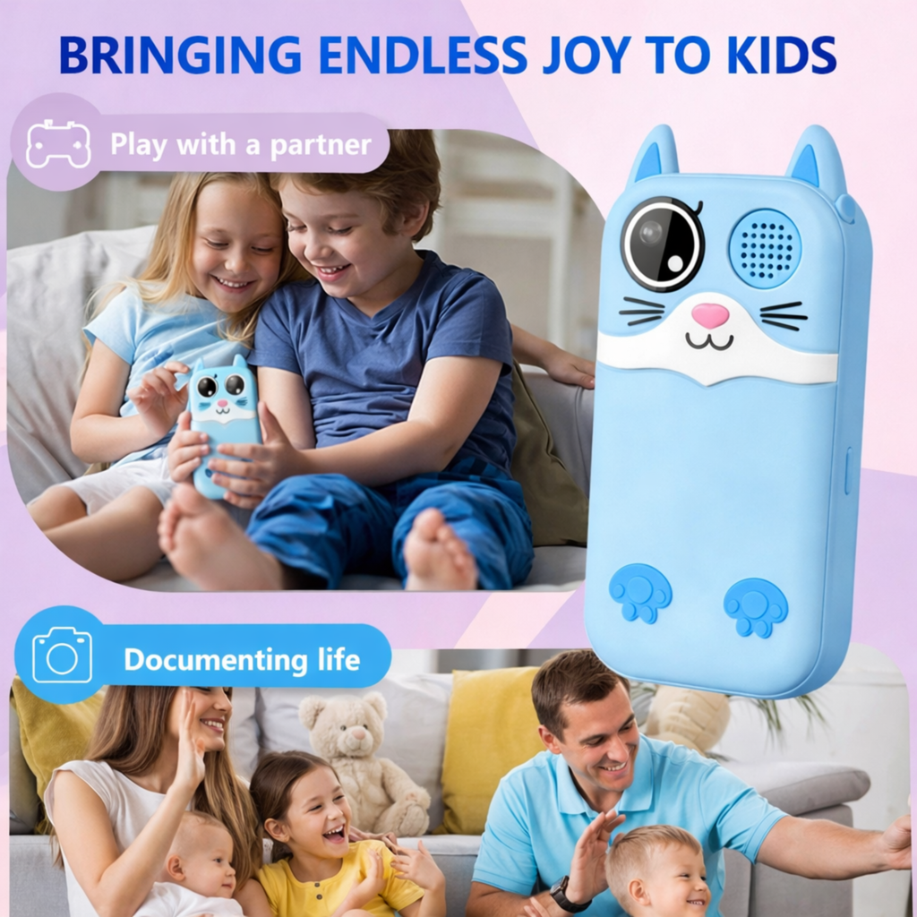 Kids Smart Phone Toy with Dual Camera, Games, Music & Learning Activities | Educational Gift for Boys & Girls Age 3-10 - ZibbaCam Blue Cat