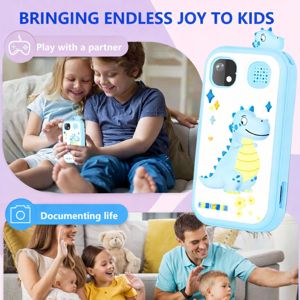 Kids Smart Phone Toy with Dual Camera, Games, Music & Learning Activities | Educational Gift for Boys & Girls Age 3-10 - ZibbaCam Blue Dino