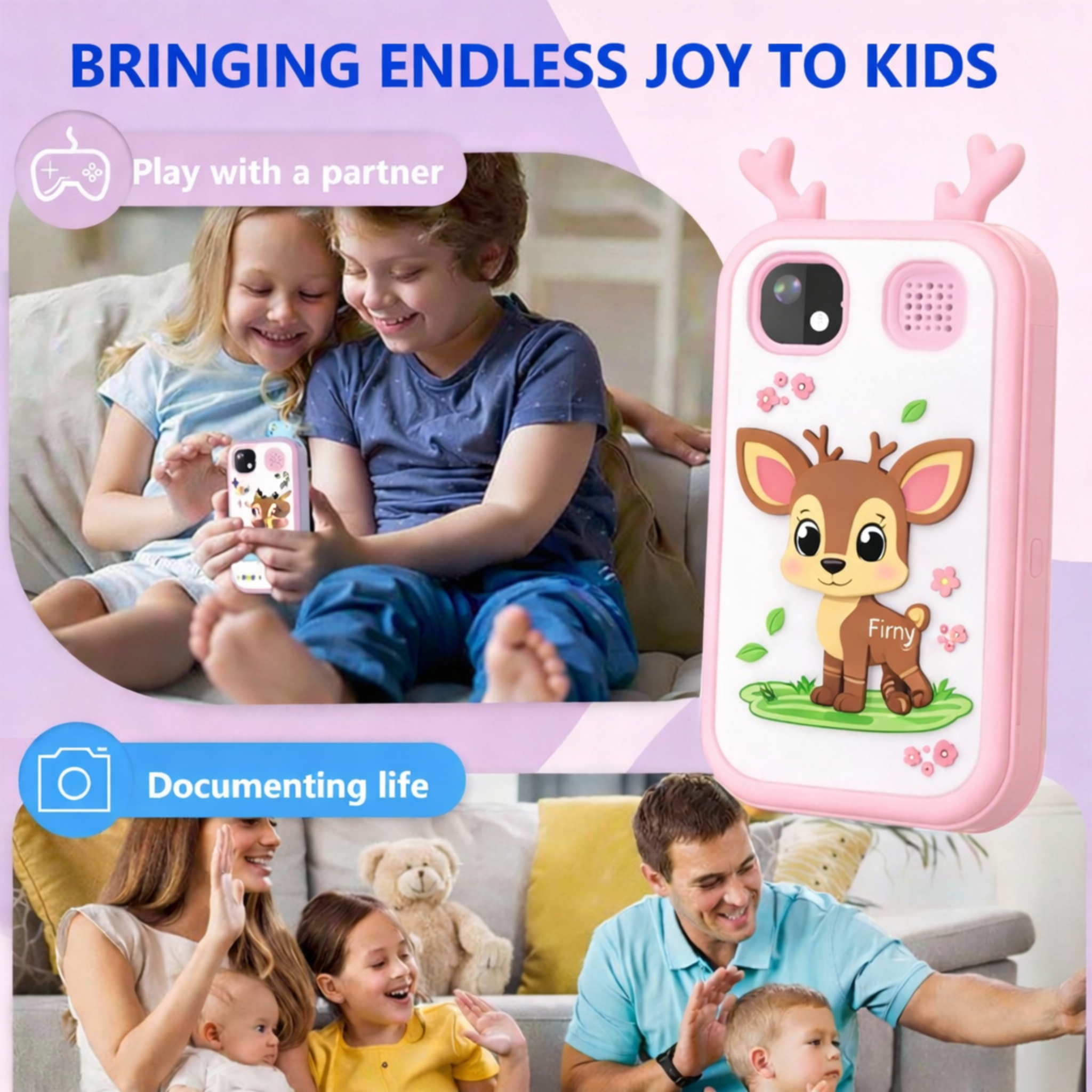 Kids Smart Phone Toy with Dual Camera, Games, Music & Learning Activities | Educational Gift for Boys & Girls Age 3-10 - ZibbaCam Pink Reindeer