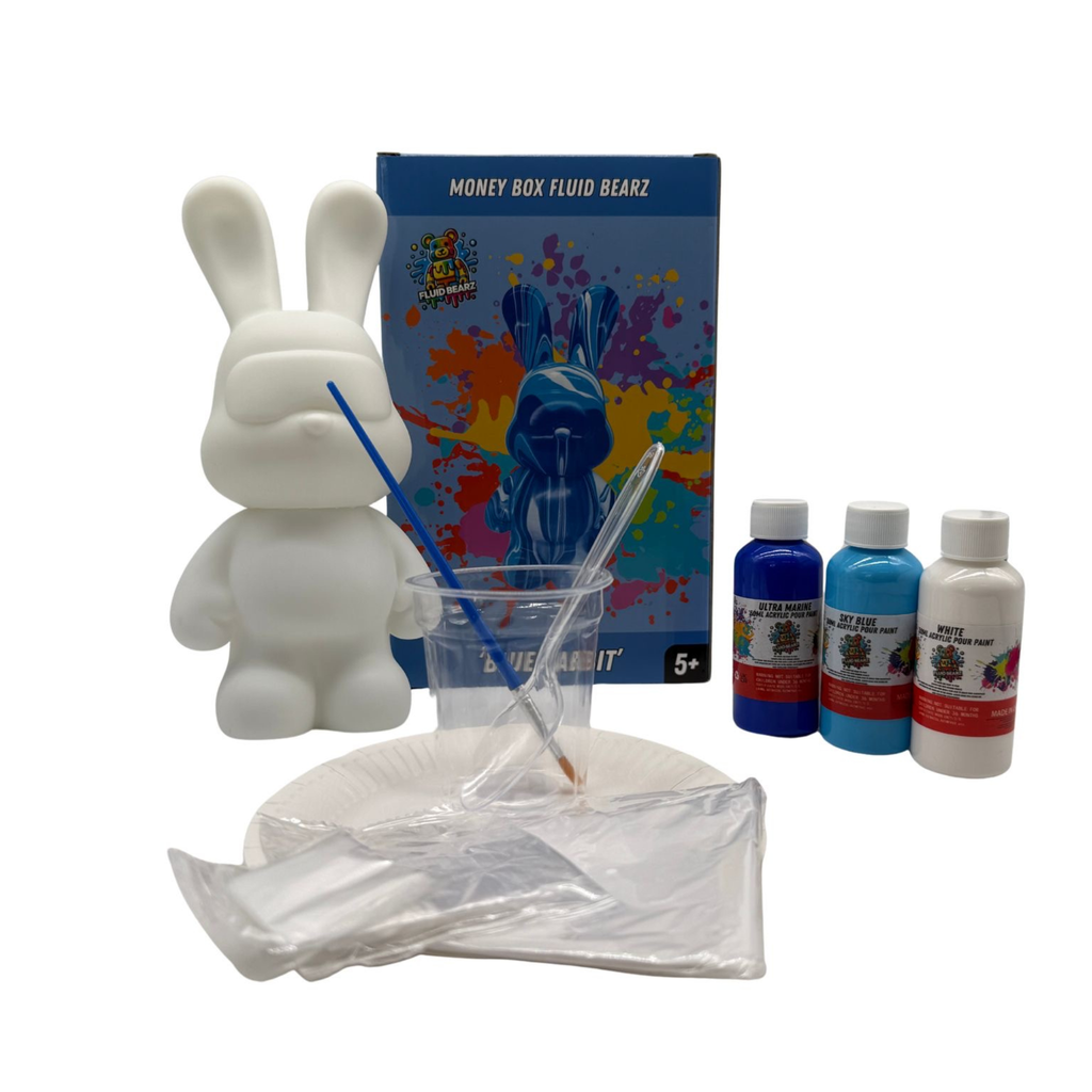 Fluid Bearz - Creative DIY Marble Paint Model White Vinyl Teddy Bear - Blue Rabbit Money Box