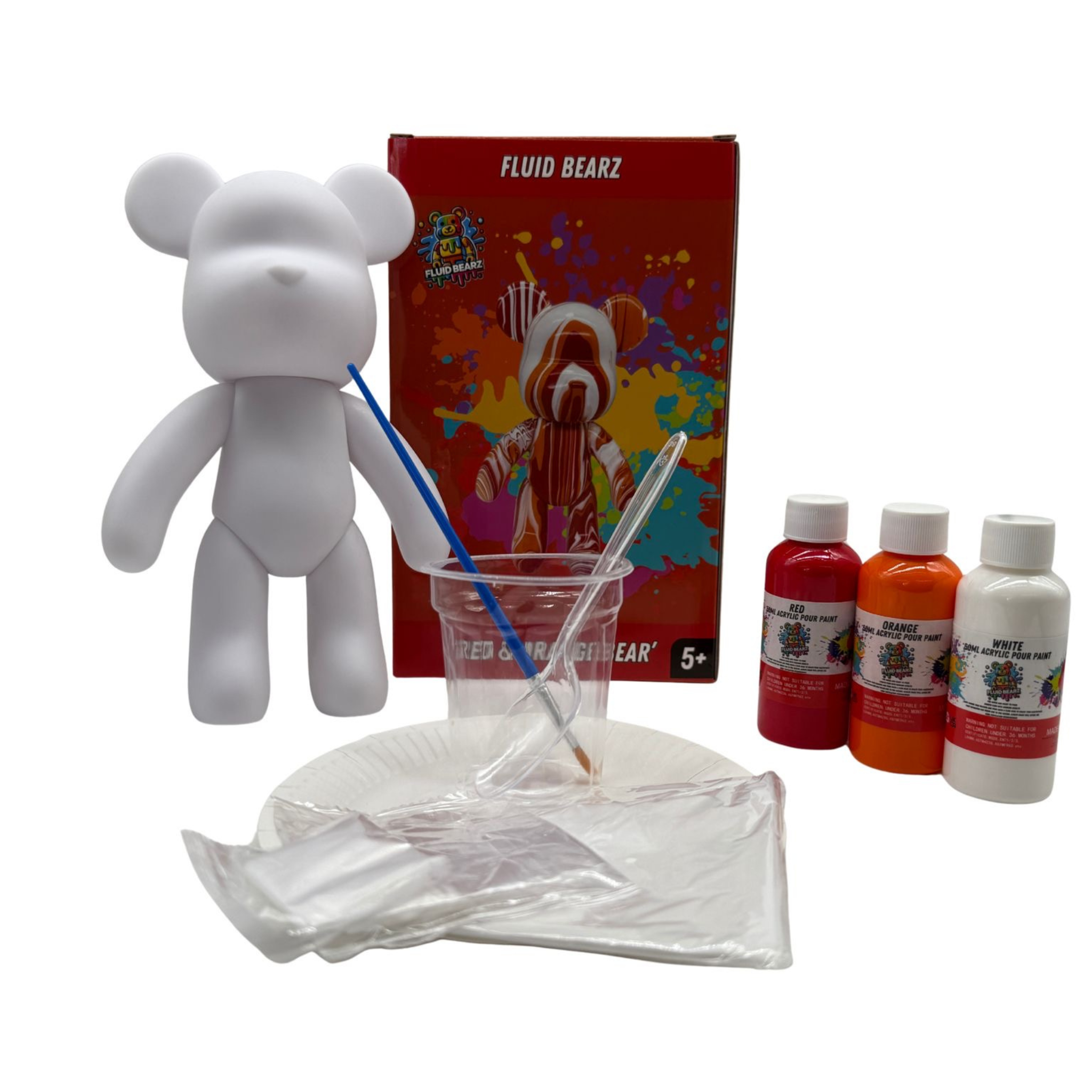 Fluid Bearz - Creative DIY Marble Paint Model White Vinyl Teddy Bear - Red & Orange Bear