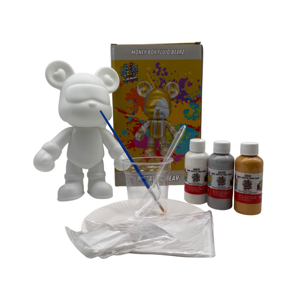 Fluid Bearz - Creative DIY Marble Paint Model White Vinyl Teddy Bear - Metallic Money Box Bear
