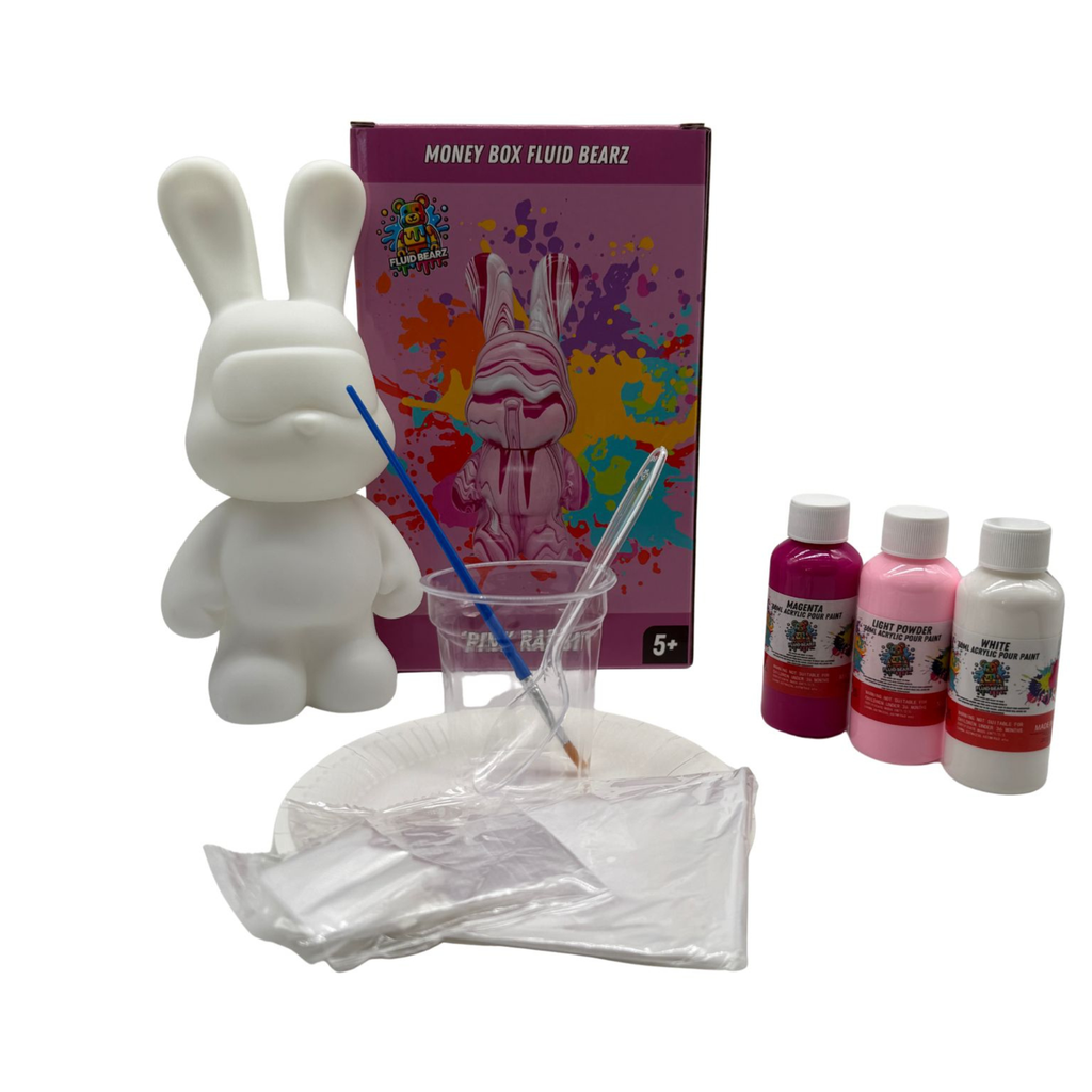 Fluid Bearz - Creative DIY Marble Paint Model White Vinyl Teddy Bear - Pink Money Box Rabbit