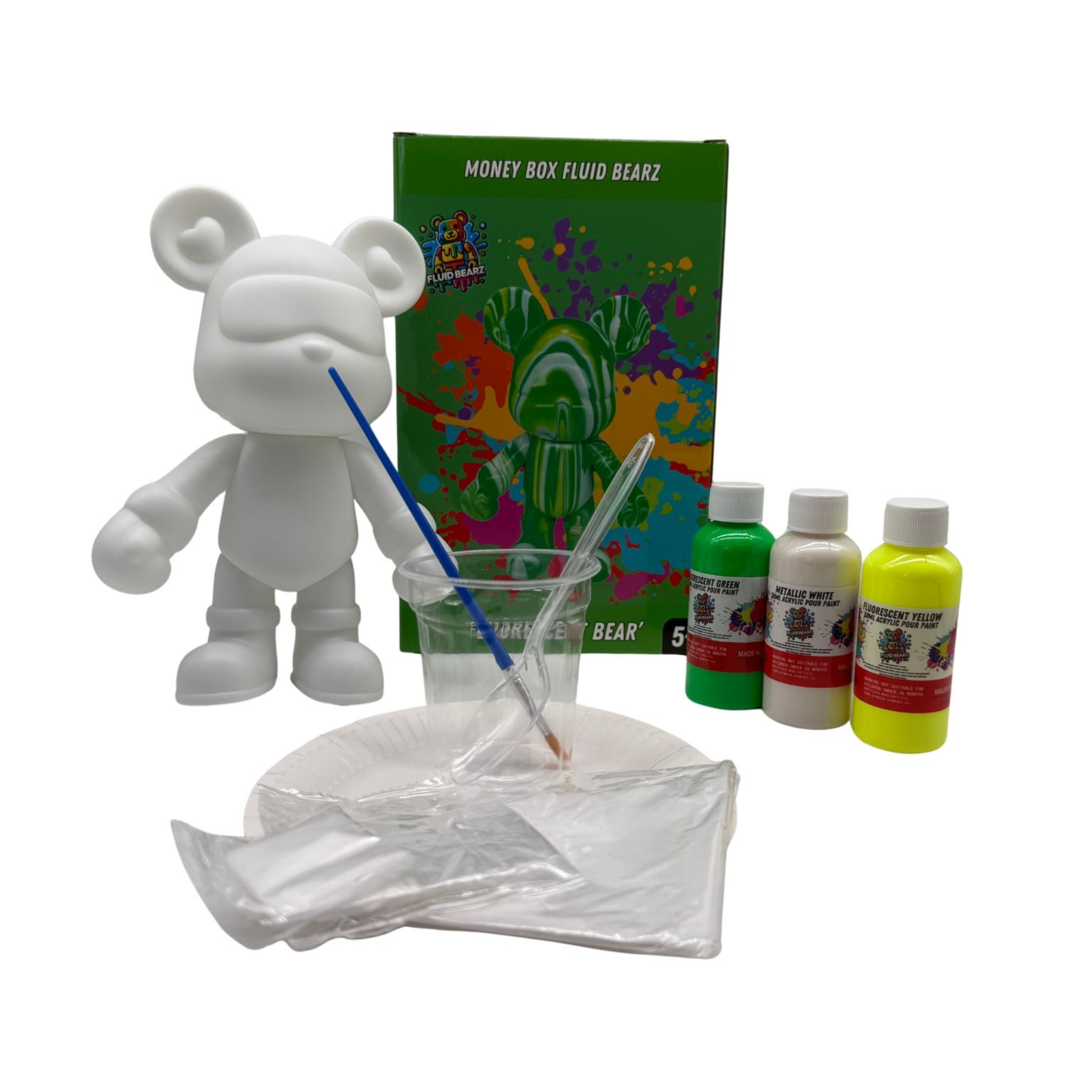 Fluid Bearz - Creative DIY Marble Paint Model White Vinyl Teddy Bear - Fluorescent Money Box Bear